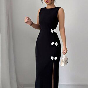 Bow Slit Round Neck Sleeveless Dress | Formal Sheath Midi Dress w/ Round Neck